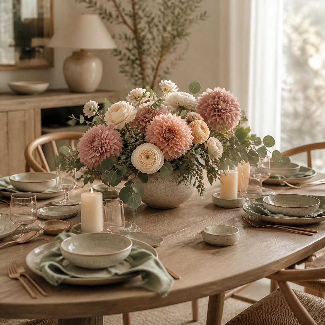 Centre de table en fleurs artificielles roses et crème sur une table dressée