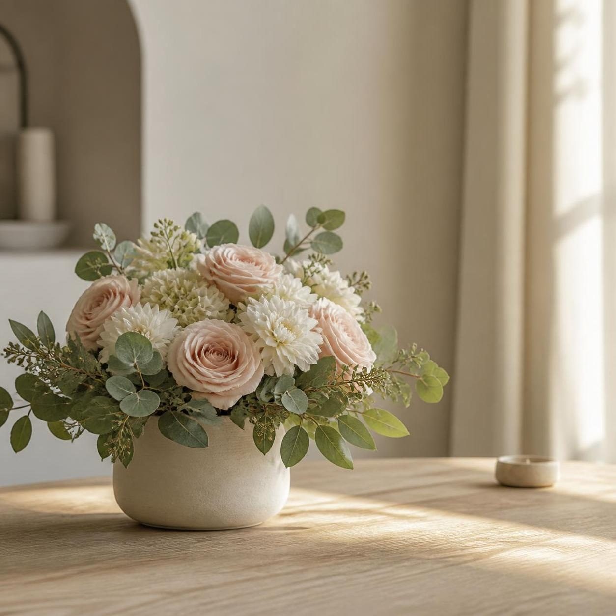 Arrangement sobre de fleurs artificielles roses et crème dans un vase discret pour un hommage funéraire