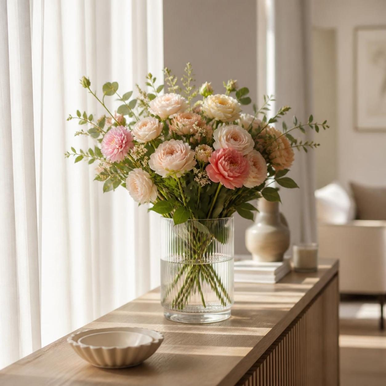 Bouquet de fleurs artificielles roses et crème éclairé près d’une fenêtre
