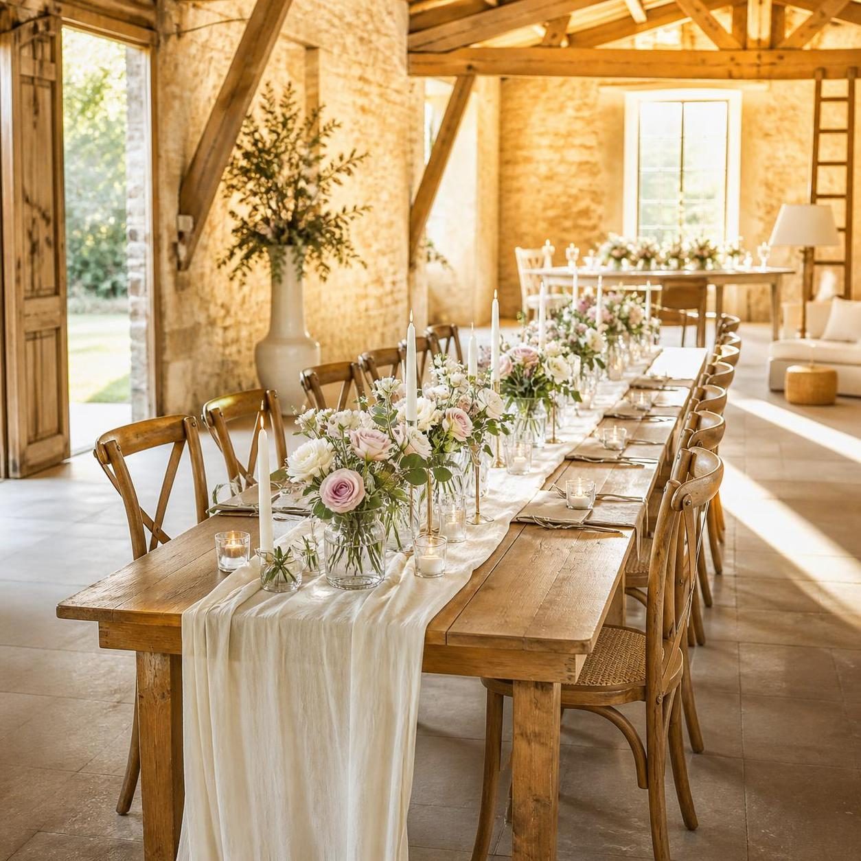 Table de mariage intime décorée de fleurs artificielles roses et blanches