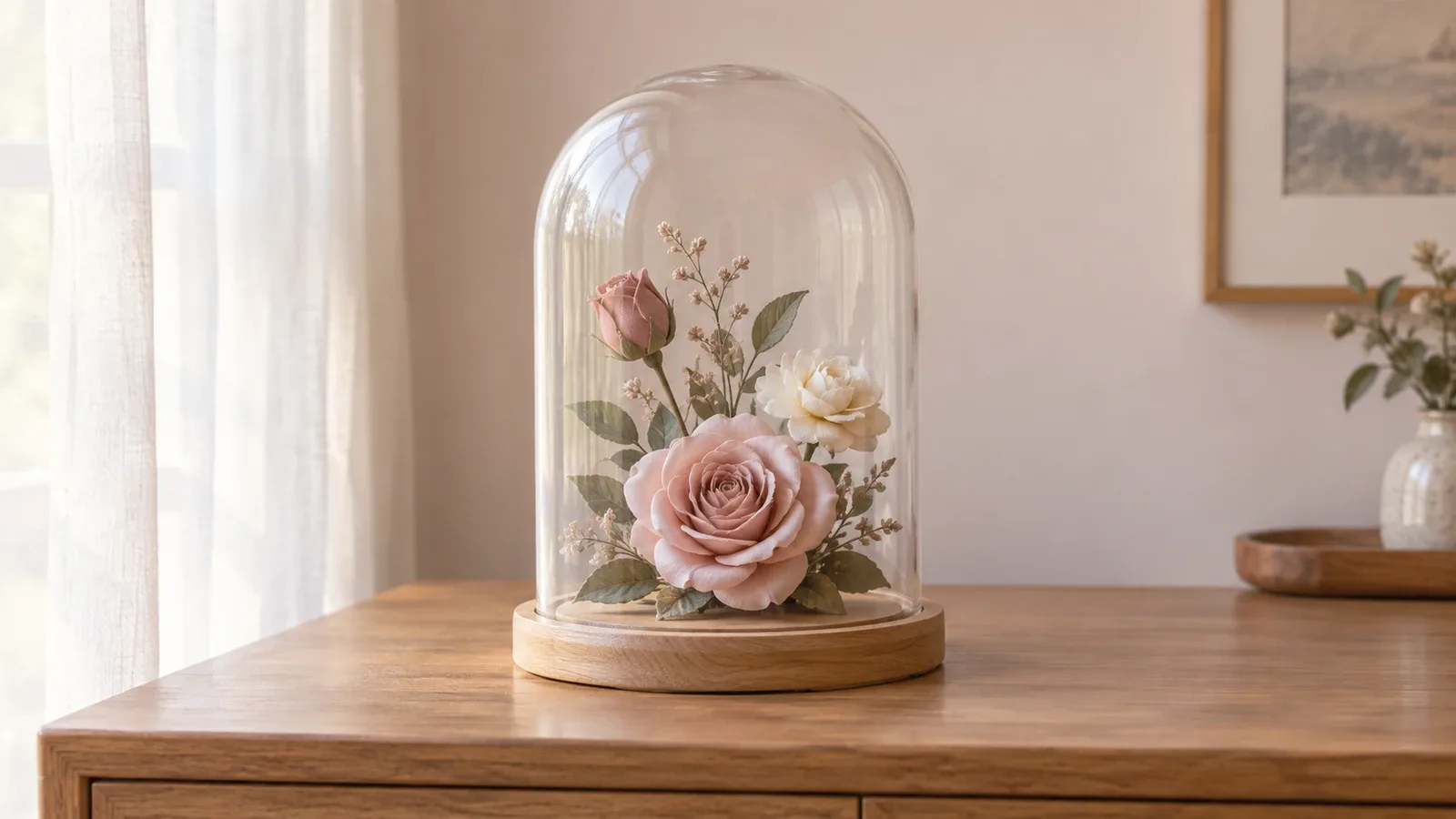 Composition de fleurs artificielles roses et crème sous une cloche en verre sur socle en bois