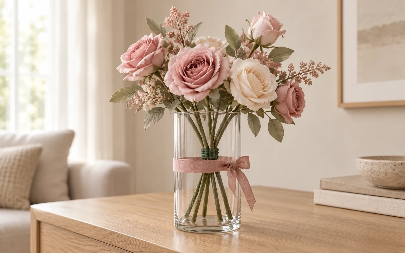 Tiges et attache de fleurs artificielles visibles dans un vase transparent sec, avec un ruban rose noué autour du verre sur une console en bois.